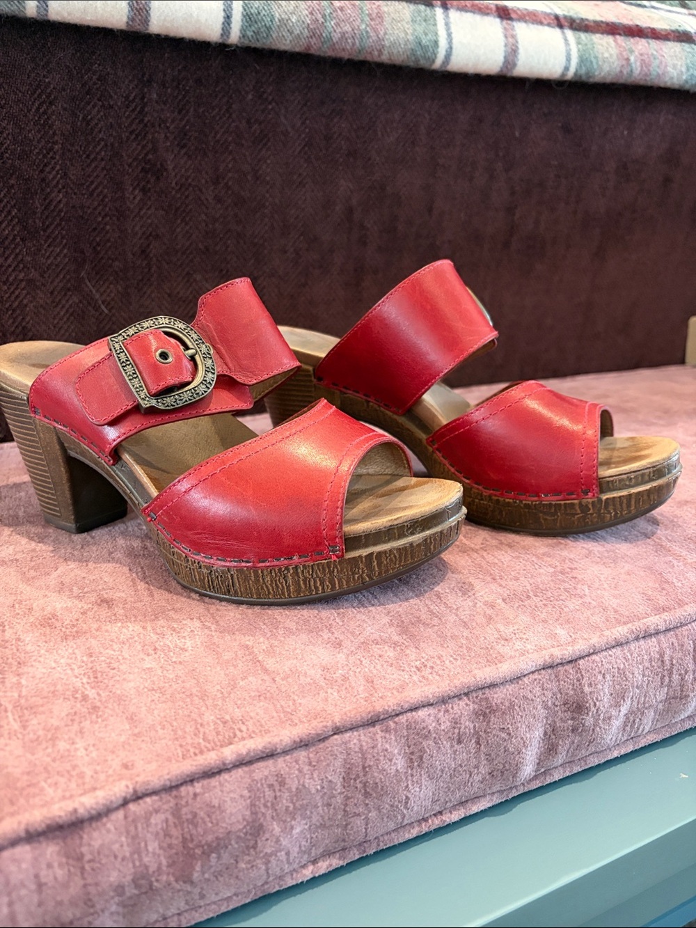 Dansko Red Leather Platform Slide Sandals with Buckle Accent 7.5